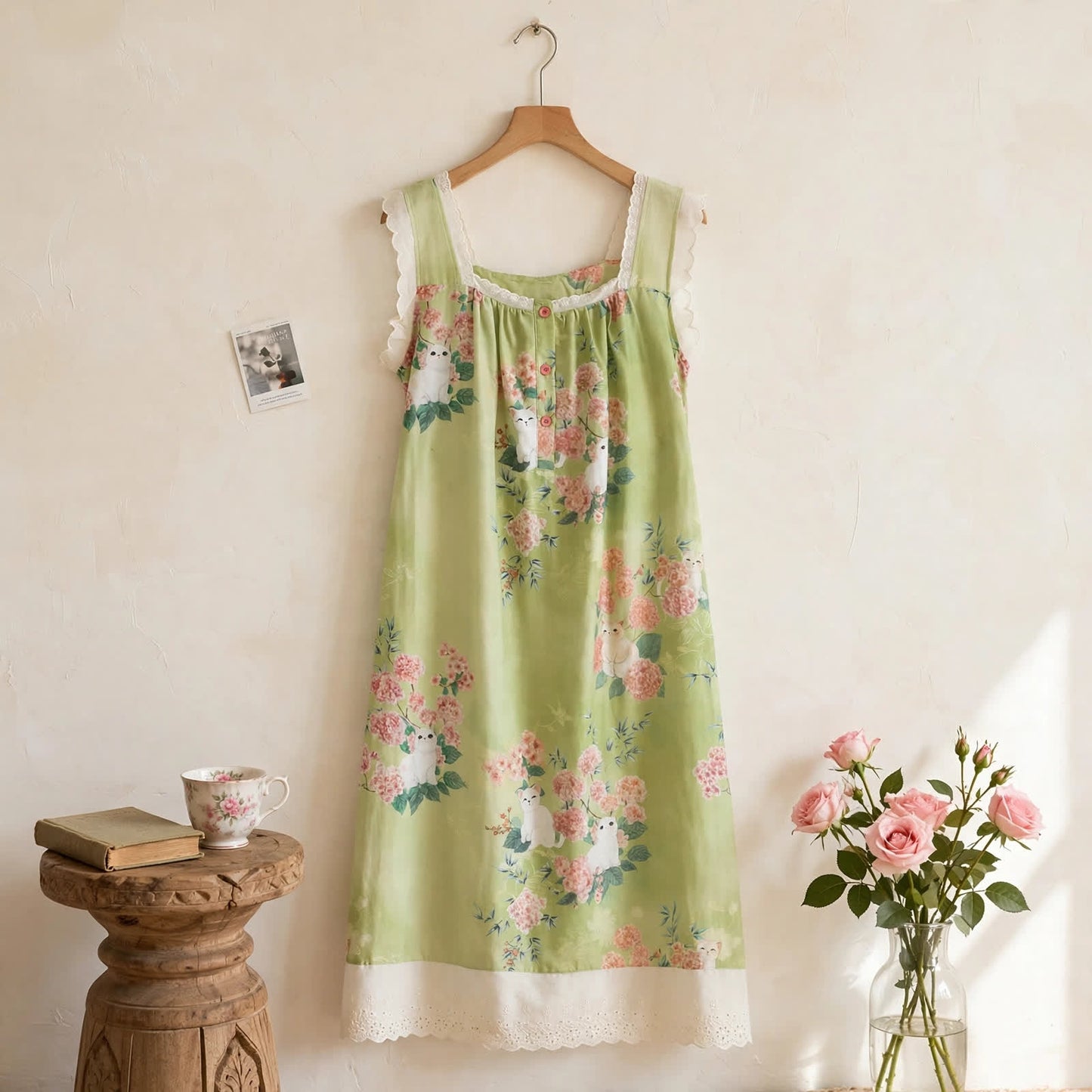 Ärmelloses Nachthemd mit Katzen- und Blumenmuster - Hellgrün - XL - image 0