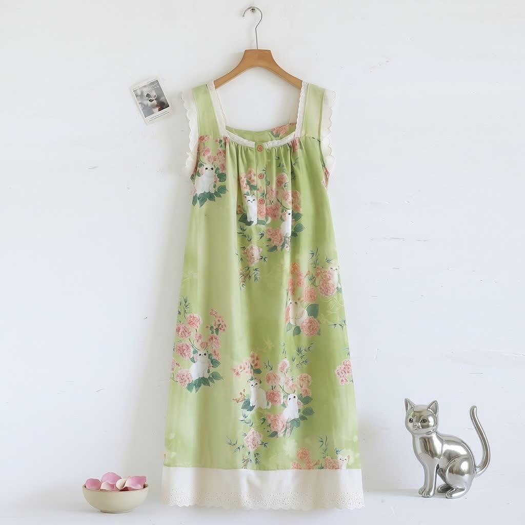 Ärmelloses Nachthemd mit Katzen- und Blumenmuster - image 1
