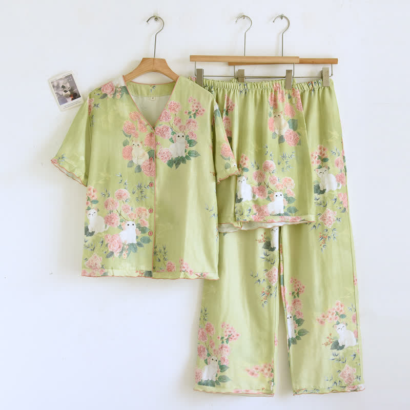 3-teiliges Loungewear-Set aus Baumwolle mit Katzenmotiv und Minzblumenmuster - Grün - XL - image 0