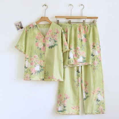 3-teiliges Loungewear-Set aus Baumwolle mit Katzenmotiv und Minzblumenmuster - Grün - XL - image 0