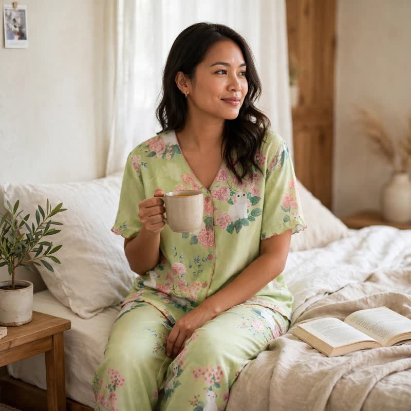 3-teiliges Loungewear-Set aus Baumwolle mit Katzenmotiv und Minzblumenmuster - image 4