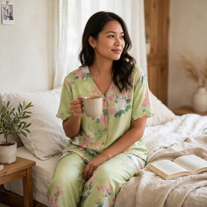 3-teiliges Loungewear-Set aus Baumwolle mit Katzenmotiv und Minzblumenmuster - image 4