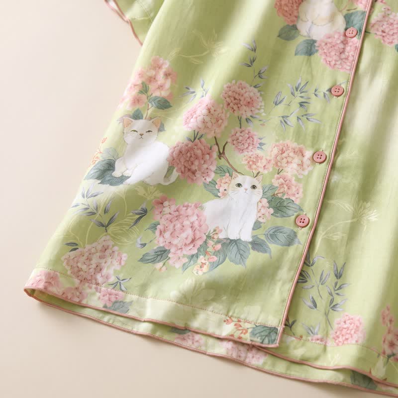3-teiliges Loungewear-Set aus Baumwolle mit Katzenmotiv und Minzblumenmuster - image 5