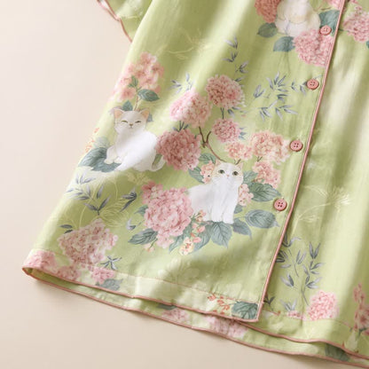 3-teiliges Loungewear-Set aus Baumwolle mit Katzenmotiv und Minzblumenmuster - image 5