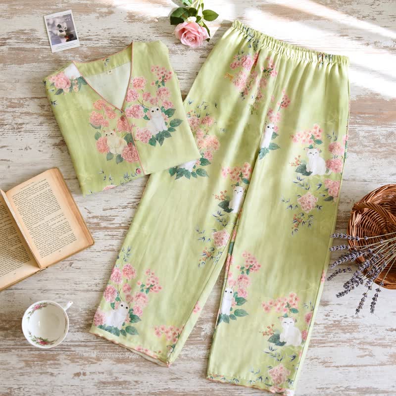 3-teiliges Loungewear-Set aus Baumwolle mit Katzenmotiv und Minzblumenmuster - image 3
