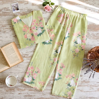 3-teiliges Loungewear-Set aus Baumwolle mit Katzenmotiv und Minzblumenmuster - image 3