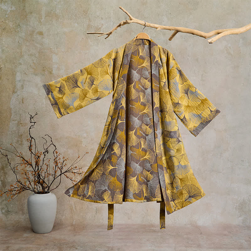 Vintage-Bademantel aus doppellagigem Baumwollgewebe mit Ginkgoblatt - Gelb - 2XL - image 0