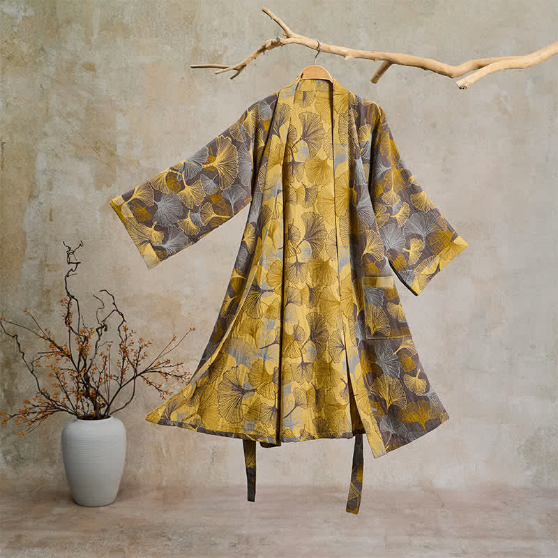 Vintage-Bademantel aus doppellagigem Baumwollgewebe mit Ginkgoblatt - Hellbraun - 2XL - image 6