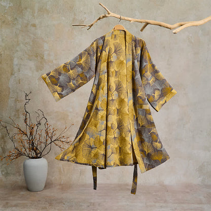 Vintage-Bademantel aus doppellagigem Baumwollgewebe mit Ginkgoblatt - Hellbraun - 2XL - image 6