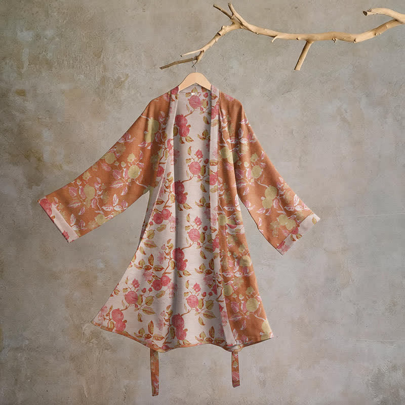 Kimono-Bademantel aus Baumwolle mit botanischem Granatapfelmuster - Grün & Rot - 2XL - image 0