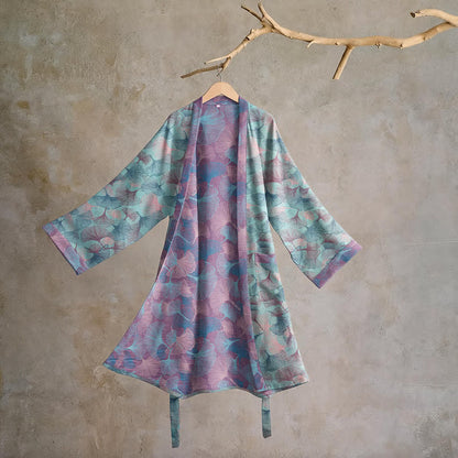 Traumhafter Kimono-Bademantel aus Baumwolle mit Ginkgoblattmuster - Blau - 2XL - image 0