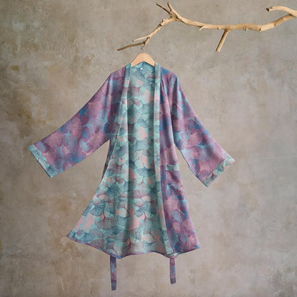 Traumhafter Kimono-Bademantel aus Baumwolle mit Ginkgoblattmuster - Lila - 2XL - image 6