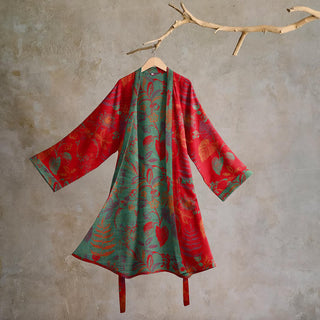 Retro-Baumwollkimono mit Blatt-Jacquardmuster - Rot & Grün - 2XL - image 0