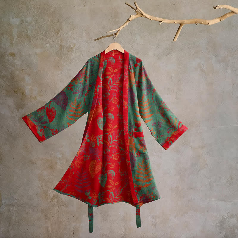Retro-Baumwollkimono mit Blatt-Jacquardmuster - Grün & Rot - 2XL - image 6