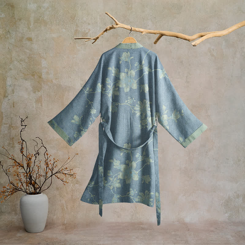 Kimono-Bademantel aus Baumwolle, salbeiblau mit Blumenmuster - image 1
