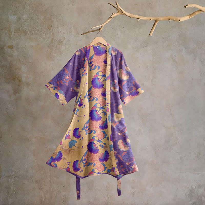Kimono-Bademantel aus Baumwollgaze mit Blumenmuster - Lila - XL - image 0