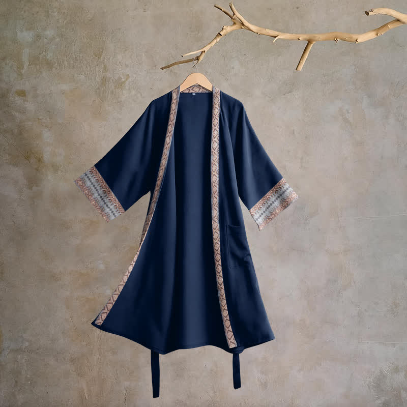 Retro-Bademantel aus Baumwolle mit geometrischem Bordüren - Blau - XL - image 0