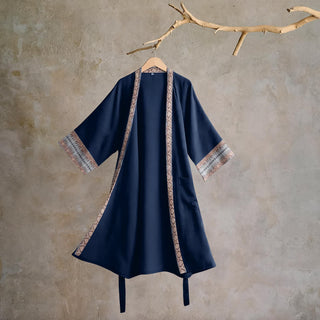 Retro-Bademantel aus Baumwolle mit geometrischem Bordüren - Blau - XL - image 0