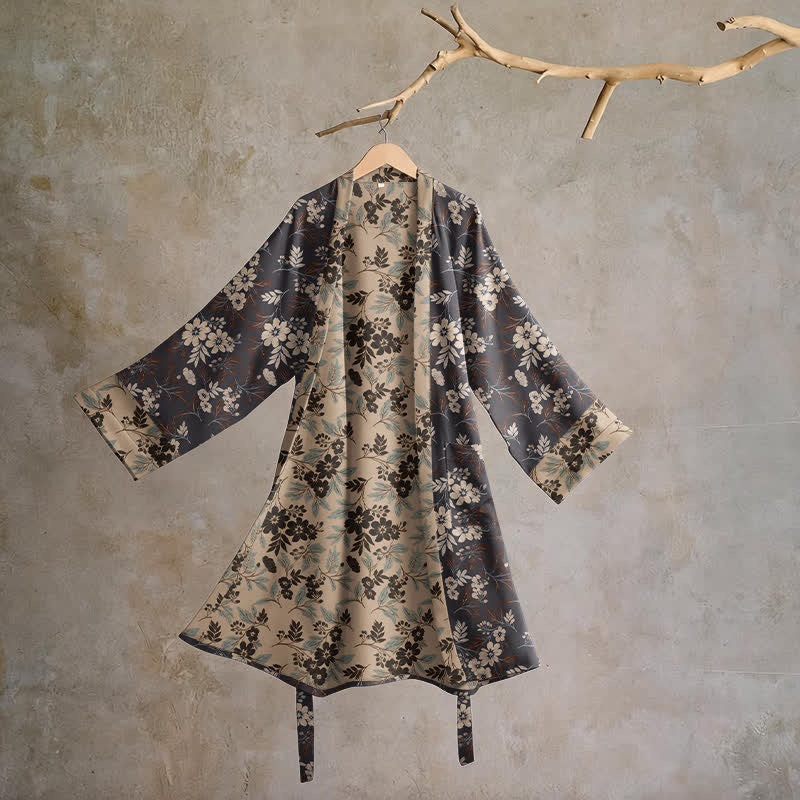 Kimono-Bademantel aus Baumwolle mit Mokka-Blumenmuster - Braun - L - image 0