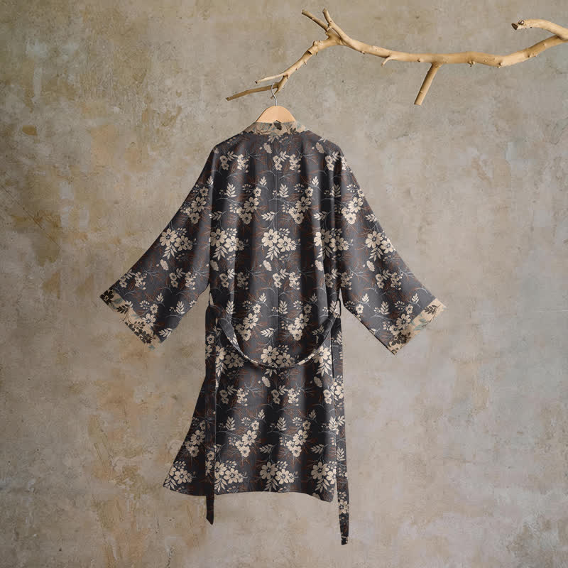 Kimono-Bademantel aus Baumwolle mit Mokka-Blumenmuster - image 1