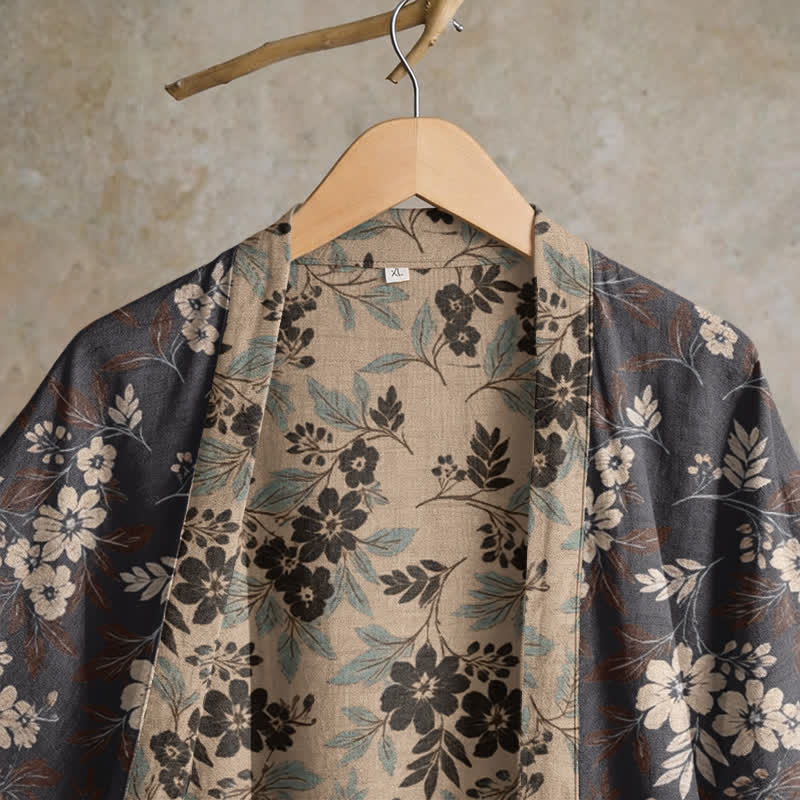 Kimono-Bademantel aus Baumwolle mit Mokka-Blumenmuster - image 2