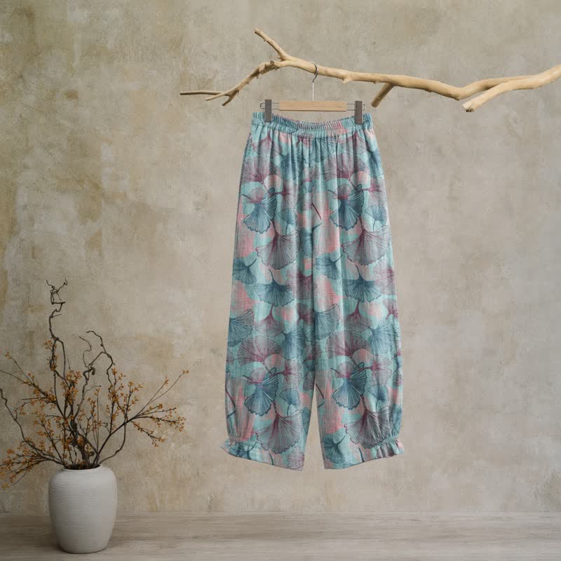 Vintage-Loungewear-Hose aus Baumwolle mit Ginkgoblatt-Motiv - image 1