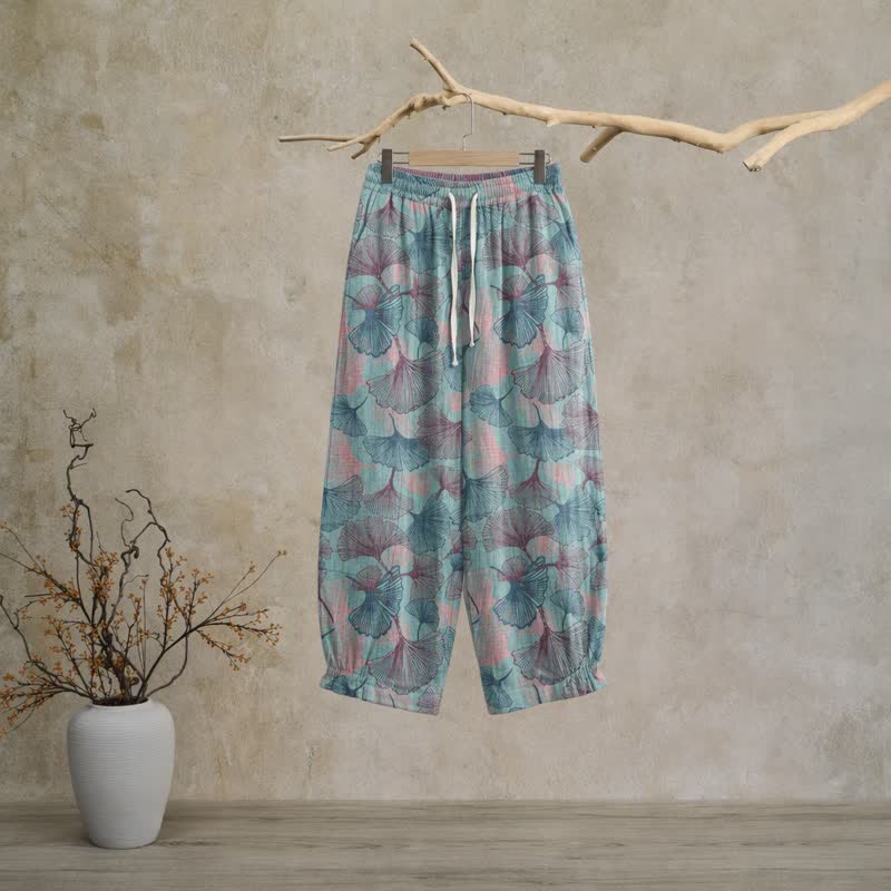 Vintage-Loungewear-Hose aus Baumwolle mit Ginkgoblatt-Motiv - Blau - XL - image 0