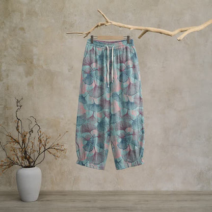 Vintage-Loungewear-Hose aus Baumwolle mit Ginkgoblatt-Motiv - Blau - XL - image 0