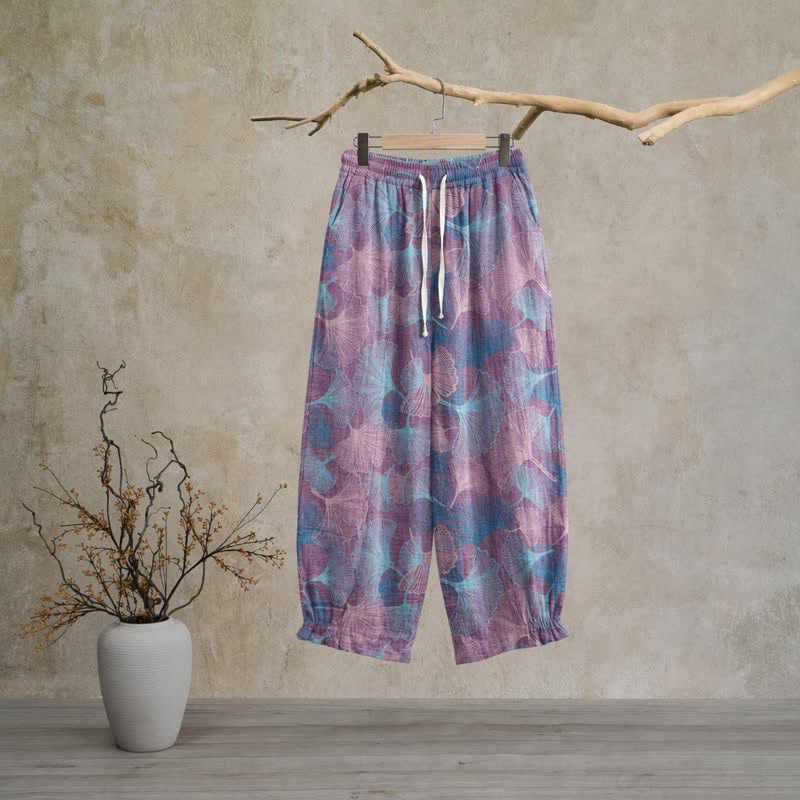 Vintage-Loungewear-Hose aus Baumwolle mit Ginkgoblatt-Motiv - Lila - XL - image 5