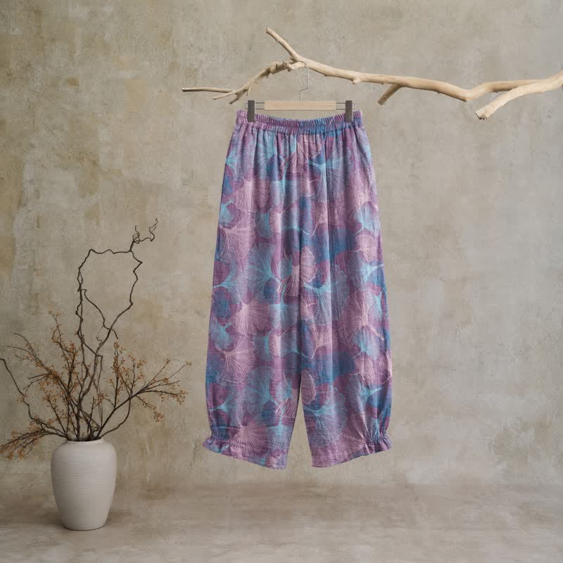 Vintage-Loungewear-Hose aus Baumwolle mit Ginkgoblatt-Motiv - image 6