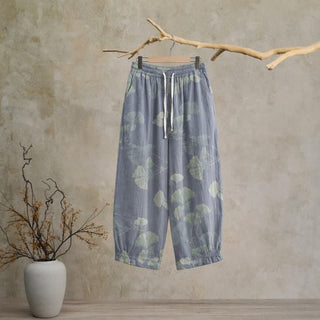 Retro-Loungewear-Hose aus Baumwolle mit botanischem Ginkgoblatt-Motiv - Blau - XL - image 0