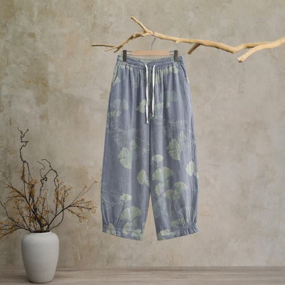 Retro-Loungewear-Hose aus Baumwolle mit botanischem Ginkgoblatt-Motiv - Blau - XL - image 0