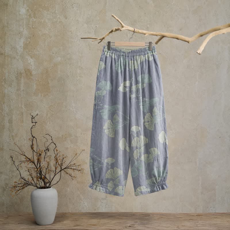 Retro-Loungewear-Hose aus Baumwolle mit botanischem Ginkgoblatt-Motiv - image 1