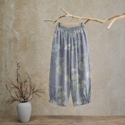 Retro-Loungewear-Hose aus Baumwolle mit botanischem Ginkgoblatt-Motiv - image 1