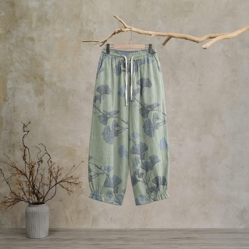 Retro-Loungewear-Hose aus Baumwolle mit botanischem Ginkgoblatt-Motiv - Grün - XL - image 5