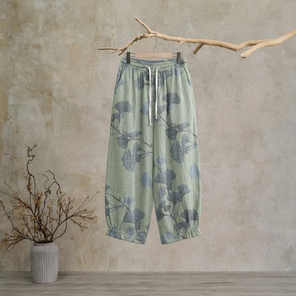 Retro-Loungewear-Hose aus Baumwolle mit botanischem Ginkgoblatt-Motiv - Grün - XL - image 5