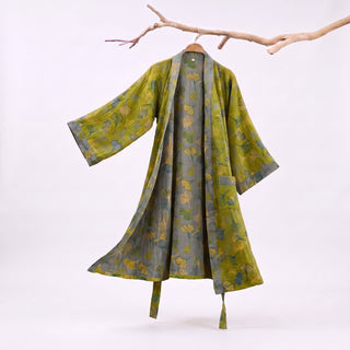 Kimono-Bademantel aus grün-grauem Ginkgoblatt-Baumwolle - Grün - 2XL - image 0