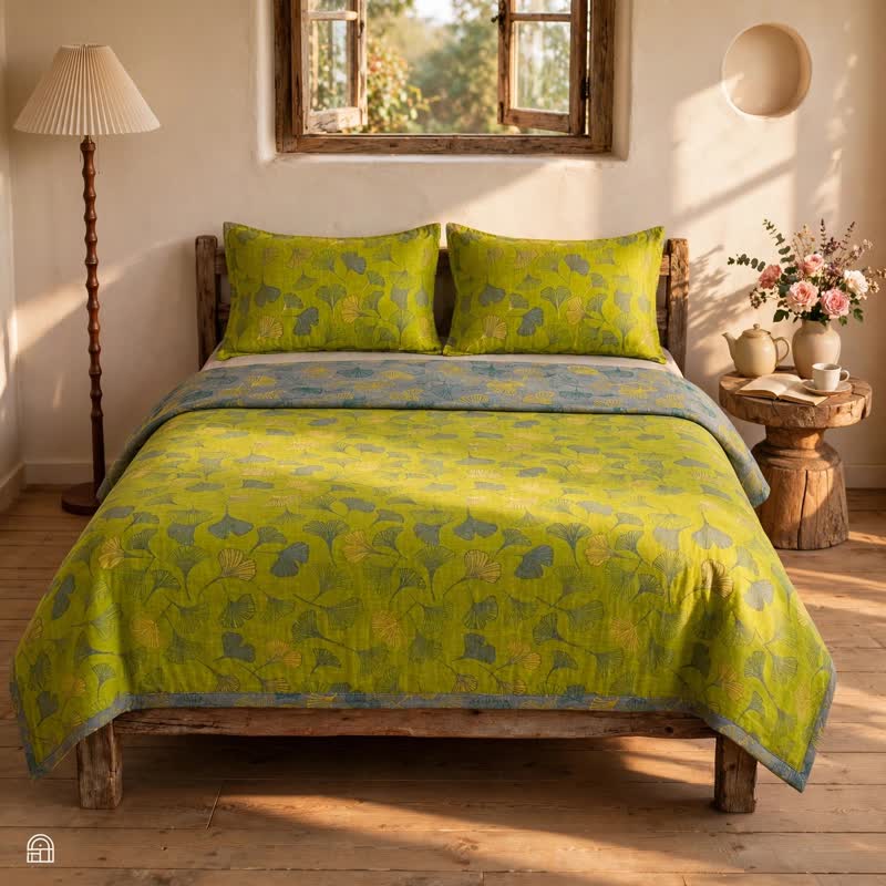 Vintage Bettwäsche-Set aus Baumwolle mit grünem Ginkgoblatt - image 2