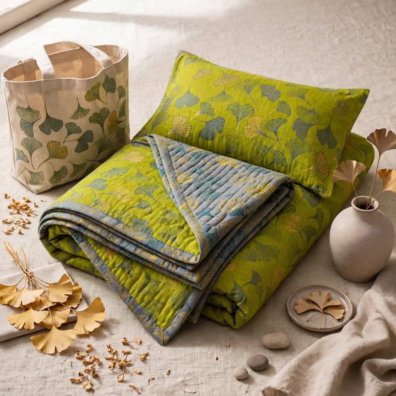 Vintage Bettwäsche-Set aus Baumwolle mit grünem Ginkgoblatt - Grün - 2 Kissenbezüge - 40'' x 20'' - image 6