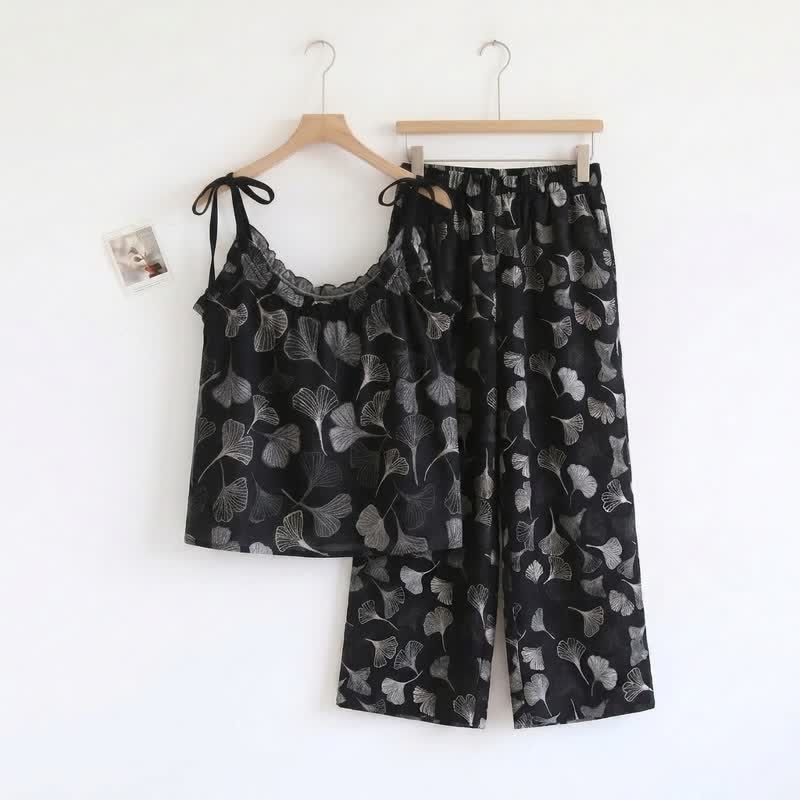 Vintage Ginkgo Leaf Baumwoll-Cami Loungewear-Set - Schwarz - XL - image 0