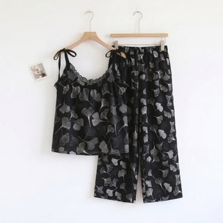 Vintage Ginkgo Leaf Baumwoll-Cami Loungewear-Set - Schwarz - XL - image 0