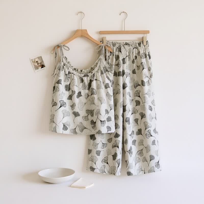 Vintage Ginkgo Leaf Baumwoll-Cami Loungewear-Set - Weiß - XL - image 7