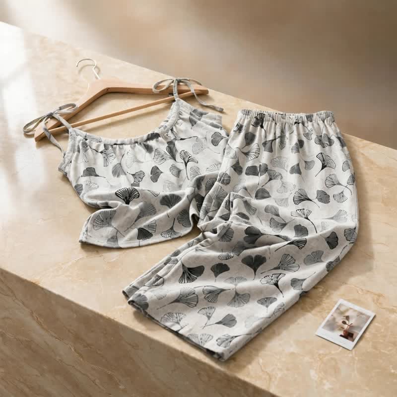 Vintage Ginkgo Leaf Baumwoll-Cami Loungewear-Set - image 9