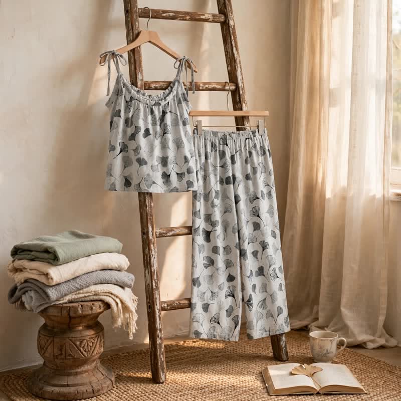 Vintage Ginkgo Leaf Baumwoll-Cami Loungewear-Set - image 8