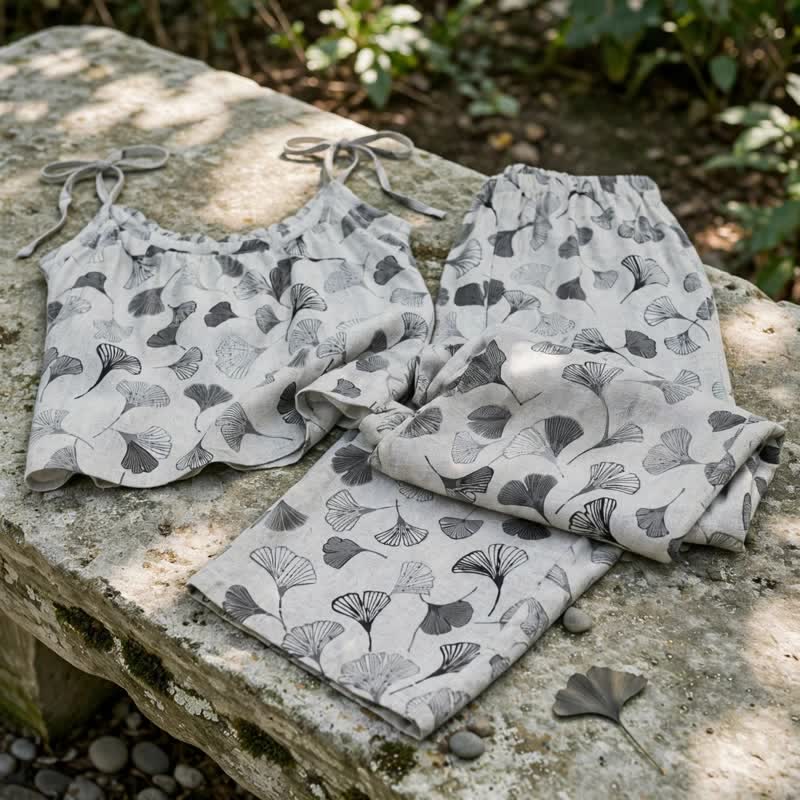 Vintage Ginkgo Leaf Baumwoll-Cami Loungewear-Set - image 10