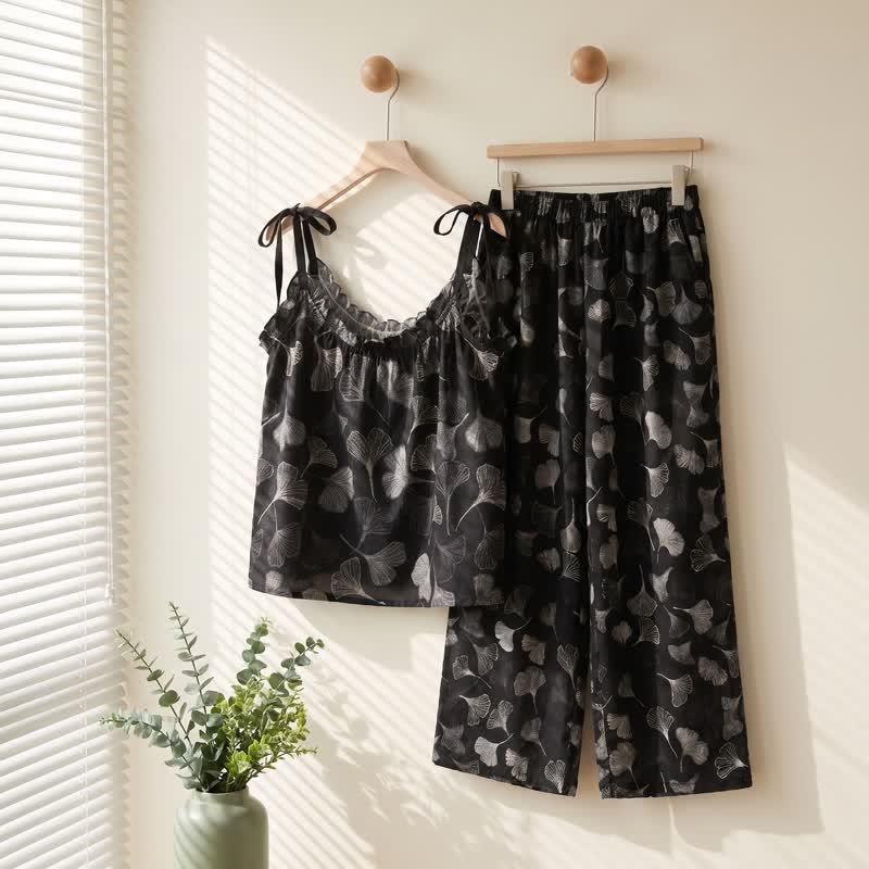 Vintage Ginkgo Leaf Baumwoll-Cami Loungewear-Set - image 1