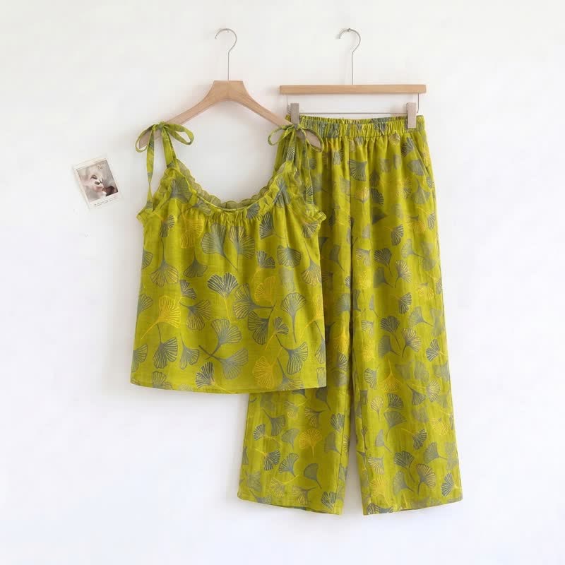 Retro-Loungewear-Set aus Baumwolle mit botanischem Ginkgoblatt-Tami-Top - Grün - XL - image 0
