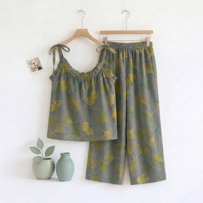 Retro-Loungewear-Set aus Baumwolle mit botanischem Ginkgoblatt-Tami-Top - Grau - XL - image 7