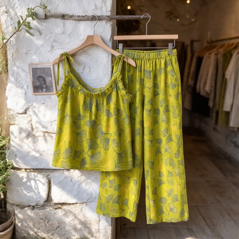 Retro-Loungewear-Set aus Baumwolle mit botanischem Ginkgoblatt-Tami-Top - image 2