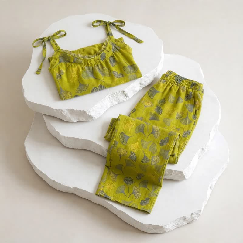 Retro-Loungewear-Set aus Baumwolle mit botanischem Ginkgoblatt-Tami-Top - image 6